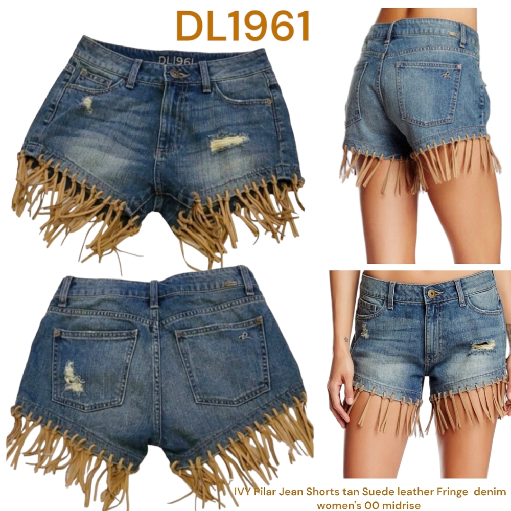 DL1961 Women's IVY Pilar Jean Shorts tan Suede leather Fringe  Mid Rise denim 00